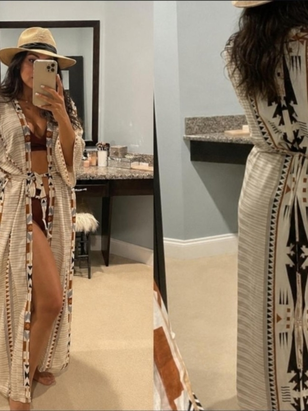 Women’s Cream & Brown Aztec Print Swim Cover-Up Robe